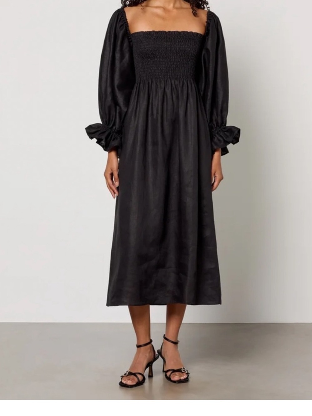 Sleeper Atlanta Linen Smocked Square-Neck Long Sleeve Midi Dress - Black